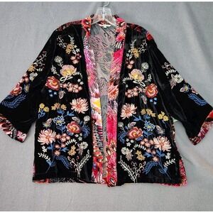 Embroidered Black Velvet Floral Open-Front Sweater Jacket
